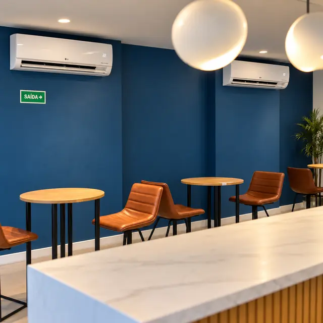 Dois aparelhos split LG Dual Inverter instalados em cafeteria com parede azul