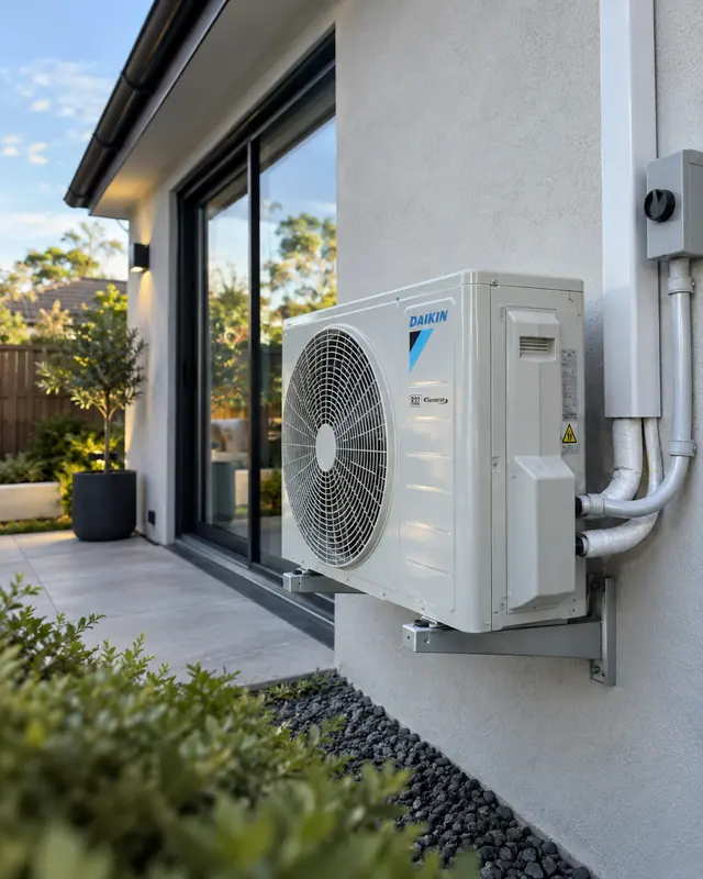 Condensadora Daikin inverter instalada na parede externa de uma casa, com tubulação protegida